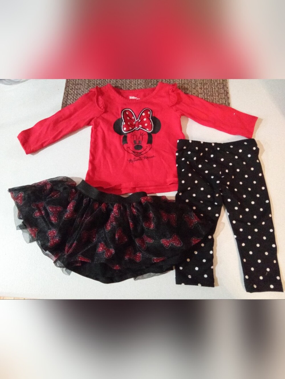 3pc Girls Disney Minnie Shirt Polka-Dot Pants Ears Tutu Skirt Bow Set Bundle 12M